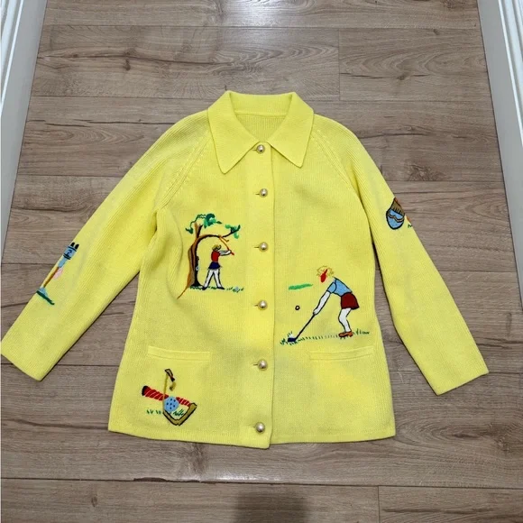 Andreno Argenti Vintage Yellow Embroidered Golf Cardigan M - Picture 3 of 13